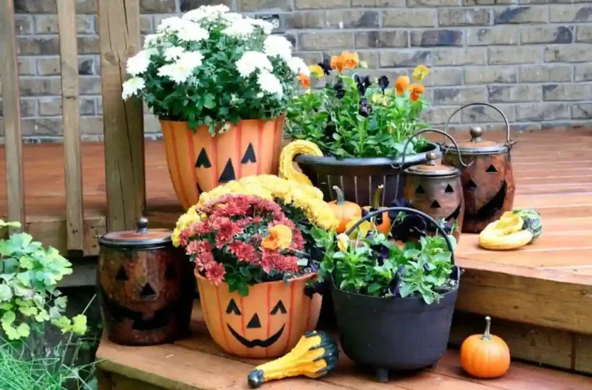  24 Halloween Porch Pots With Pumpkins & Fall Plants